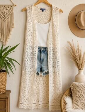 Ivory Crochet Duster Long Open Vest Boho Festival Coachella Layering Piece M